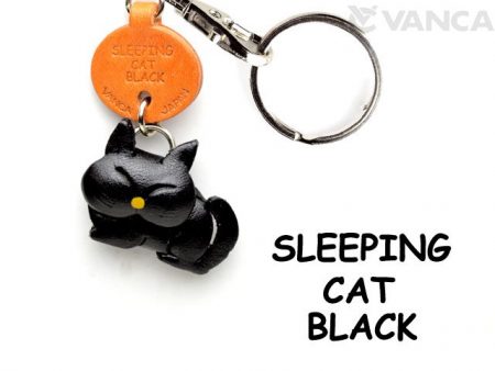 BLACK SLEEPING LEATHER KEYCHAINS CAT VANCA