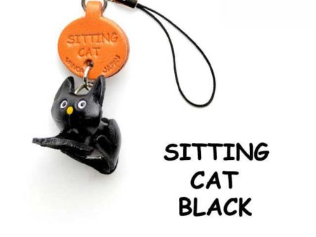 BLACK SITTING LEATHER CELLULARPHONE CHARM CAT
