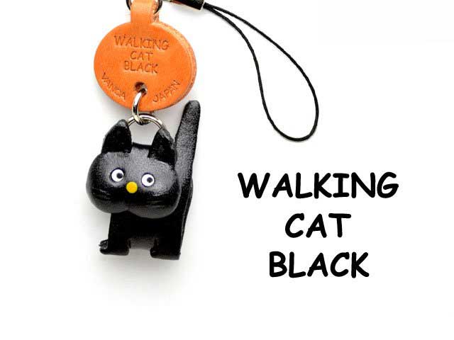 BLACK WALKING LEATHER CELLULARPHONE CHARM CAT