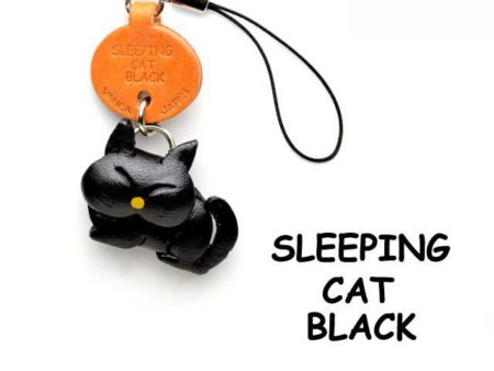 BLACK SLEEPING LEATHER CELLULARPHONE CHARM CAT