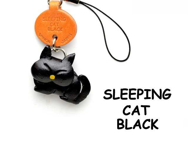 BLACK SLEEPING LEATHER CELLULARPHONE CHARM CAT