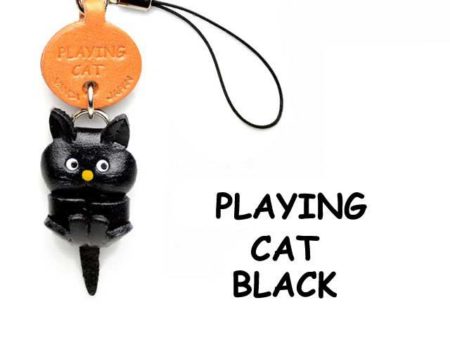 BLACK PLAYING LEATHER CELLULARPHONE CHARM CAT
