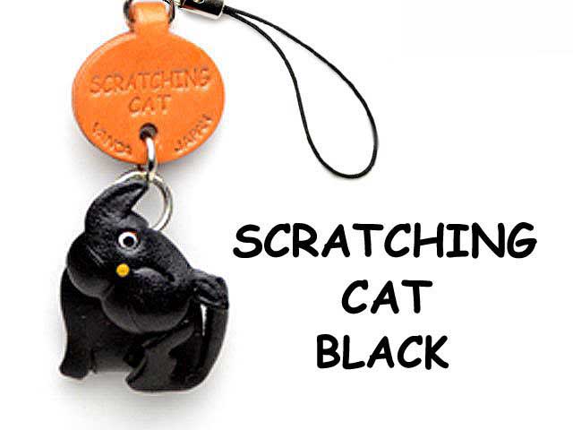 BLACK SCRATCHING LEATHER CELLULARPHONE CHARM CAT