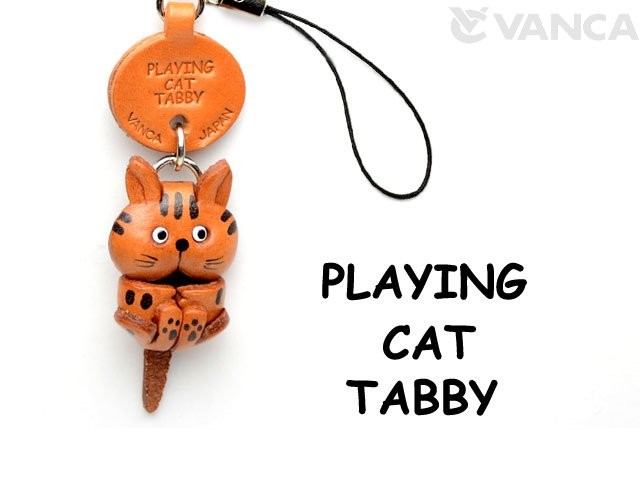 TABBY PLAYING LEATHER CELLULARPHONE CHARM CAT