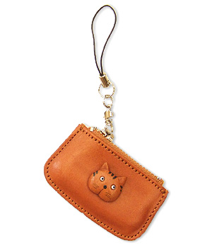 CAT LEATHER CELLULARPHONE CHARM CHANGE PURSE