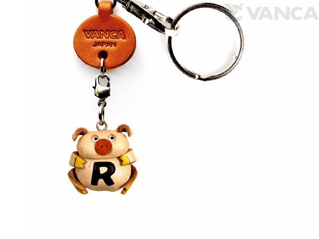 INITIAL PIG R LEATHER ANIMAL KEYCHAIN