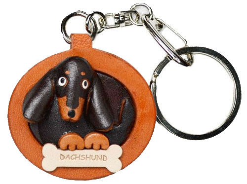 DACHSHUND SHORT HAIR BLACK&TAN LEATHER DOG PLATE KEYCHAIN