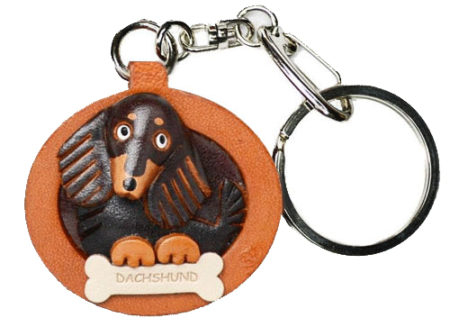 DACHSHUND LONG HAIR BLACK&TAN LEATHER DOG PLATE KEYCHAIN