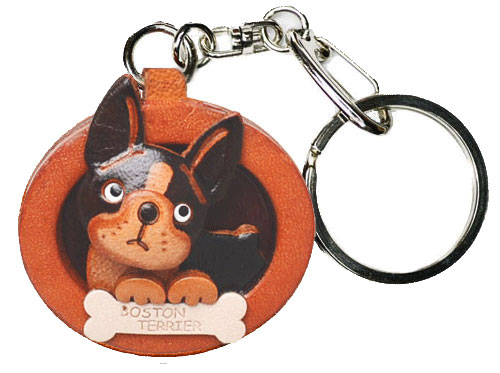 BOSTON TERRIER LEATHER DOG PLATE KEYCHAIN