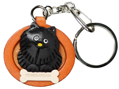 POMERANIAN BLACK LEATHER DOG PLATE KEYCHAIN