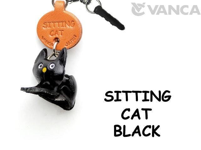 SITTING CAT BLACK LEATHER CAT EARPHONE JACK